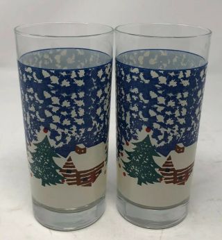 Folk Craft Cabin In The Snow Tienshan Pottery 2 Glasses Tumblers Christmas
