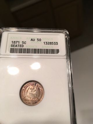 1871 Seated 5 Cents Half Dime Anacs Au50 Old Holder - For Grade - Toned