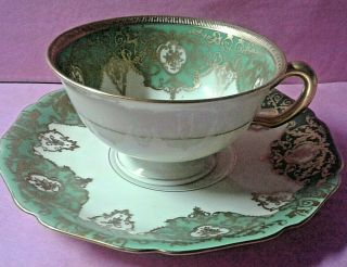 Black Knight Tea Cup Saucer Green Fancy Lacy Gold Elegant Bavaria