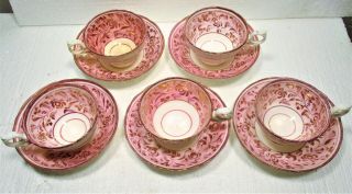 Set Of 5 Early Staffordshire Pink Luster Tea Cups W/saucers,  Graceful,  Nm