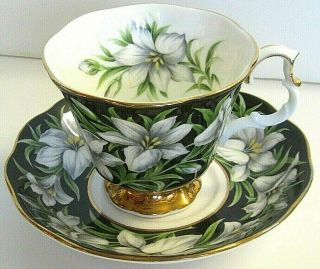 Royal Albert Provincial Flowers Madonna Lily Tea Cup & Saucer Bone China Black