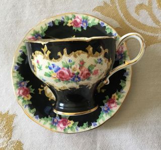 Paragon Black Flowers Tea Cup & Saucer