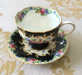 Paragon Black Flowers Tea Cup & Saucer 2