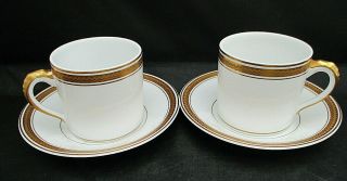 Vista Alegre Portugal 2 Demitasse Cups Saucers White Gold Band Etched Wavy Lines