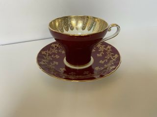 Vintage Aynsley Bone China Teacup & Saucer - Cranberry Red /w Gold Embellishment
