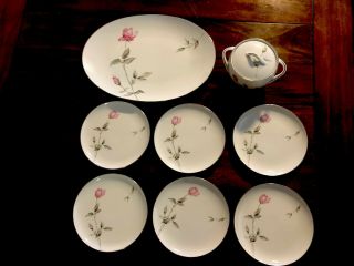 Dawn Rose China By Sango.  Set Of 6 Bread Plates,  Sugar Bowl,  11” Oval Plate