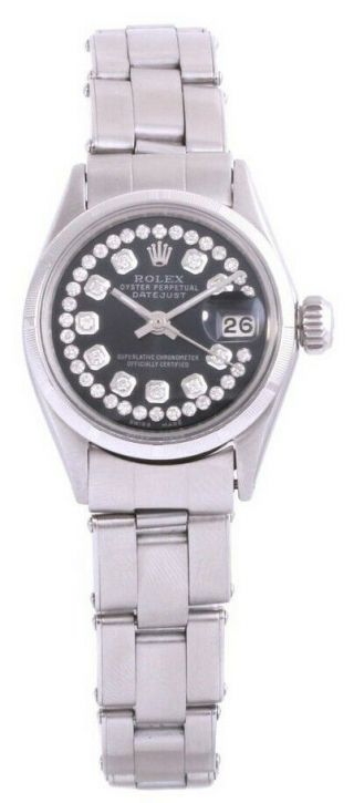 Rolex Ladies Stainless Steel Datejust - Black String Diamond Dial - Oyster Band