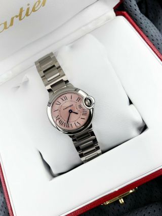Cartier Ballon Bleu 3009 W6920038 Womens Quartz Watch Pink Dial Silver Ss 28mm