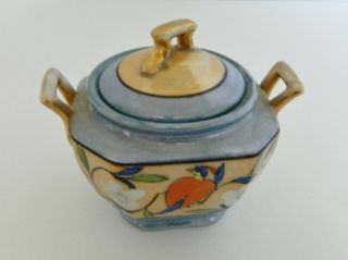 Lusterware Sugar Bowl With Lid Blue Gold Floral Gold Handles Hand Painted Japan