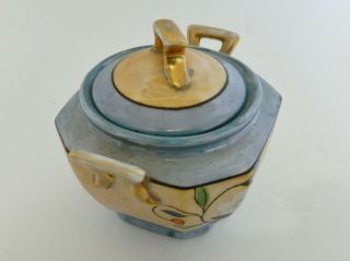 Lusterware Sugar Bowl With Lid Blue Gold Floral Gold Handles Hand Painted Japan 3