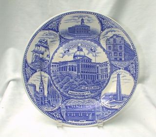 Historical Boston 10 " Plate Blue White Paul Revere House Faneuil Hall Souvenir