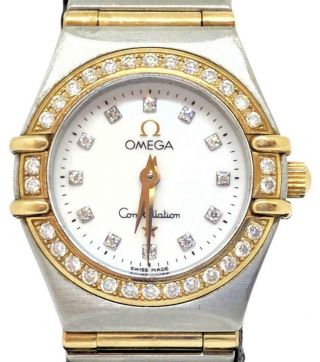 Omega Constellation Diamond 18k Gold S/steel Mother Of Pearl Ladies Quartz Watch