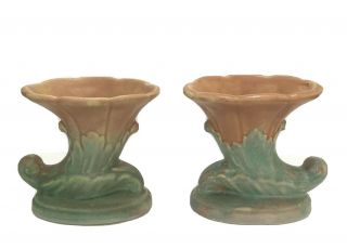 Brush Pottery Co,  Art Pottery 756 Pair Cornucopia Vases,  Matte Green,  Peach