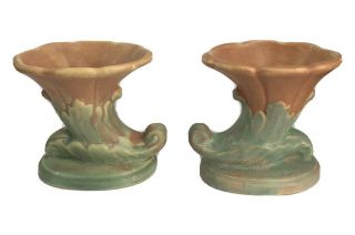 Brush Pottery Co,  Art Pottery 756 Pair Cornucopia Vases,  Matte Green,  Peach 2