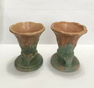 Brush Pottery Co,  Art Pottery 756 Pair Cornucopia Vases,  Matte Green,  Peach 3