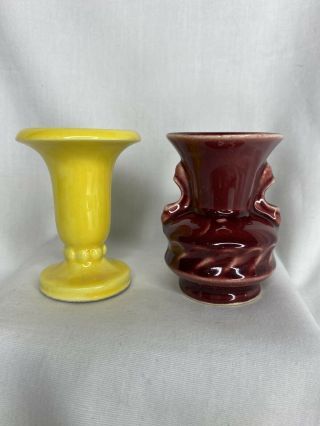 2 Shawnee Usa Pottery Burgandy Maroon Yellow Mini Miniature Vase Figurines