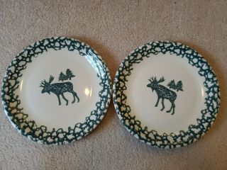 Folk Craft Moose Country Tienshan Set Of 2 Dinner Plates 10 1/2 " Green Sponge