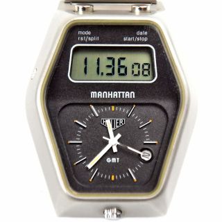 Authentic Vintage Heuer Manhattan Gmt Lcd Analog Quartz Watch 1980s