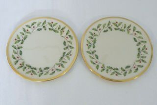 Lenox Holiday Holly & Berries Gold Trim Bread & Butter Plates 6 - 1/2 " Set Of 2
