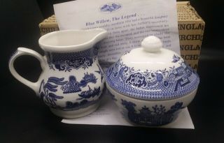 Blue Willow Sugar Bowl And Creamer Made In Staffordshire England
