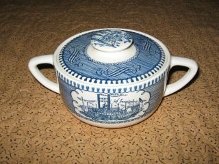 Vintage Currier & Ives Covered Sugar Bowl With Handles Steamboat Blue