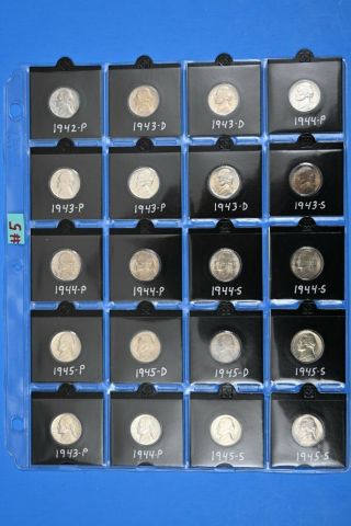 20 Coin Set Of Jefferson Wartime Nickels 1942 - P To 1945 - S 5