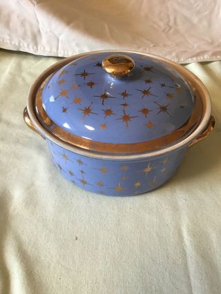 Vintage Hall Covered Casserole Blue With Gold Stars Starburst