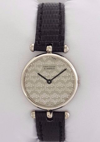 Van Cleef & Arpels Vca 18k Gold Mechanical Watch Black Leather & Logo Dial