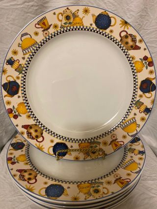 Set Of 6 Sakura Debbie Mumm “teapots” Dinner Plates Yellow Blue Floral Honey