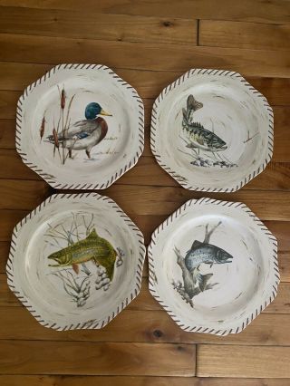 Lennox Riverwood Plates 9 1/2” Luncheon/salad Fish & Birds Set Of Four (4)