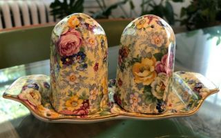 Lord Nelson Ware Rose Time Chintz Salt And Pepper On Tray England