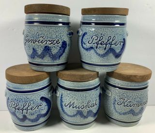 Vintage Marzi & Remy Blue Salt Glazed Stoneware Spice Jars W/wooden Lids German