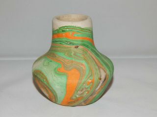 Vintage Nemadji Art Pottery Miniature Cabinet Vase Clay Swirl Green Orange