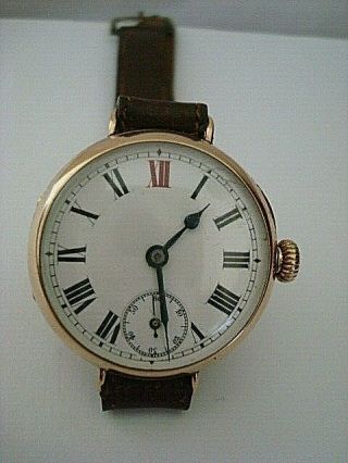 Vintage Good Wwi Rolex 9 Ct Cased Officers Trench Watch With Red 12 Birm 1919