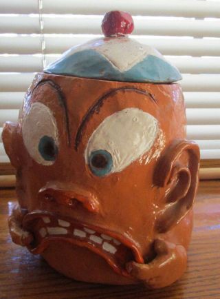 Really Creepy Ugly Hand Crafted Head w Hat Face Cookie Jar 2