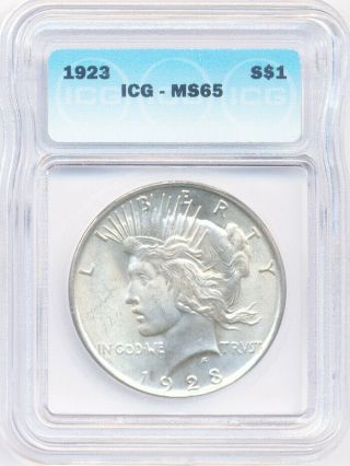 1923 United States Peace Silver Dollar $1 Icg Graded Ms 65 Coin