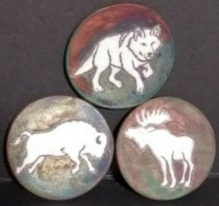 3 Raku Studio Ceramic Tiles Coasters Signed J Diller Buffalo Or Bison Wolf Moose
