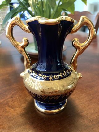 Vintage Limoges France Porcelain Hand Painted Cobalt Blue Gold Vase 4 - 3/4”