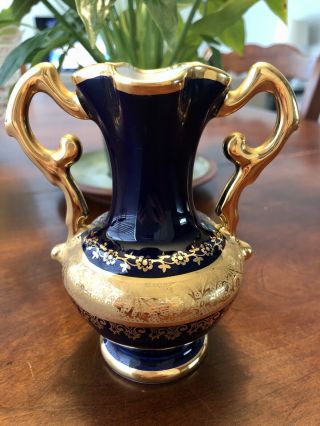 Vintage Limoges France Porcelain Hand Painted Cobalt Blue Gold Vase 4 - 3/4” 2