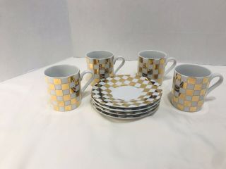 4 Wawel Expresso Demitasse Cups & Saucers Gold & White Checkered Pattern Poland