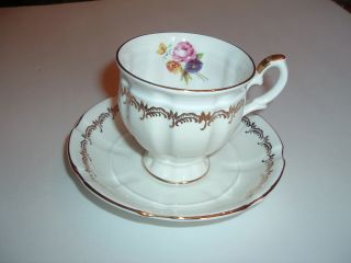 Crown Staffordshire Fine Bone China Footed Tea Cup & Saucer Gold Swags Flowers