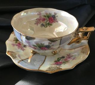 W Made In Japan Gold Footed China Iridescent Cup Saucer Pink Roses Blue Bands