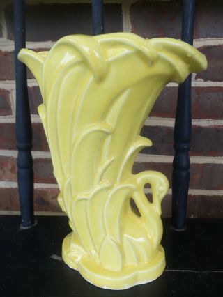 Vintage Mccoy Pottery Art Vibrant Yellow Swan Vase Planter Glossy 9 1/2 In Tall