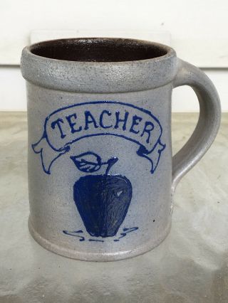 4 " Tall Rockdale Union Pottery " Teacher " Coffee Mug Stoneware Salt Glazed