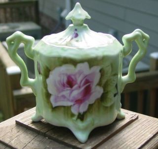 Vintage Lefton Heritage Green Hand Painted China Sugar Bowl 511 Rose 4 Footed