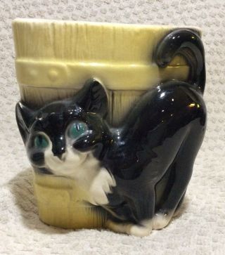 Vintage Royal Copley Ceramic Cat With Yellow Barrel Planter Vase Decoration