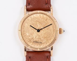Vintage Corum $5 Gold Coin Quartz Watch W/ Diamond In Crown Running