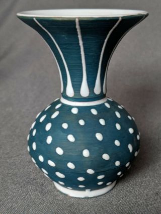 Mid - Century Larholm Norway 4 " Glazed Pottery Flower Vase - Blue & White Dots