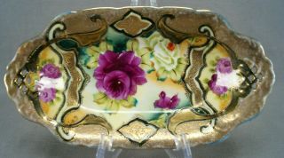Ie & Co Nippon Hand Painted Pink & White Rose & Heavy Gold & Beaded Relish Dish
