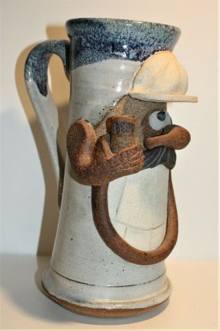 Vintage Eakin 9 " Ugly Funny Face Folk Artist Signed Stoneware 3d Mug Beer Drinker
